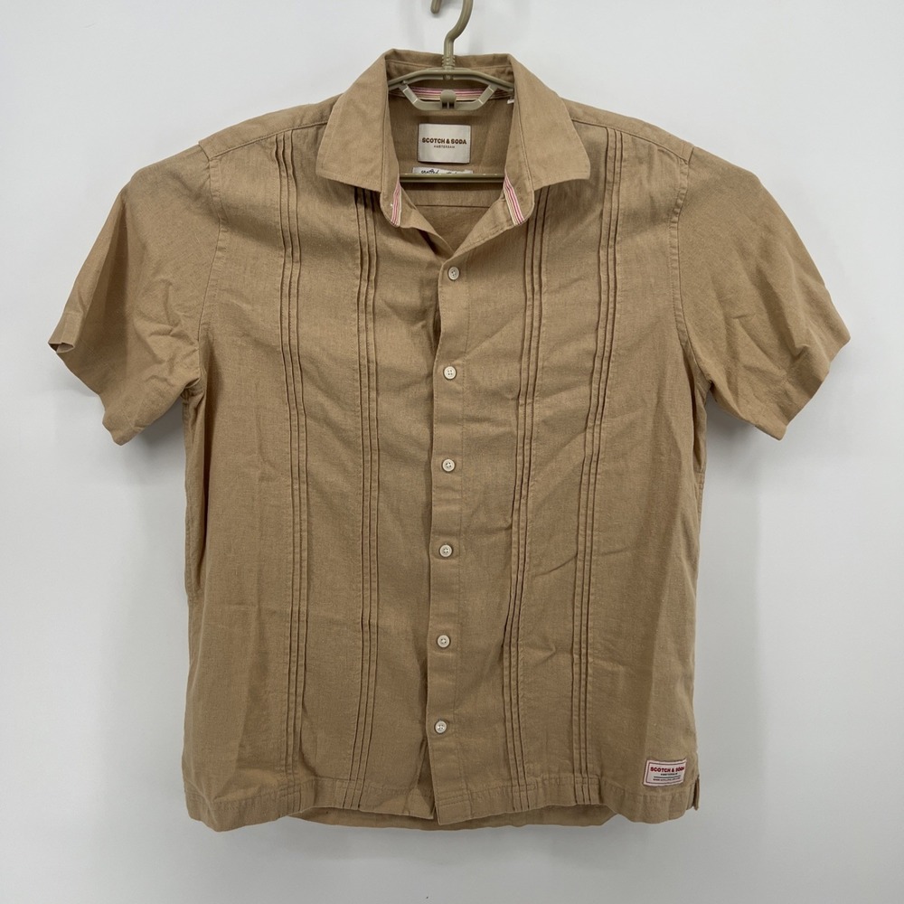 Scotch & Soda Mens Short Sleeve Woven Shirt Tan Medium Pleated Front Linen Blend